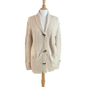 Winter Silks Silk Blend Ivory Long Cardigan Coat Toggle Buttons Shawl Collar M